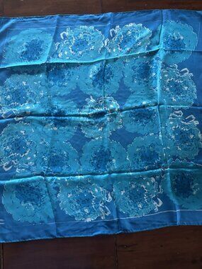 1970's Vera Neumann Silk Chiffon Hand Rolled Blue Floral 27" Square Scarf